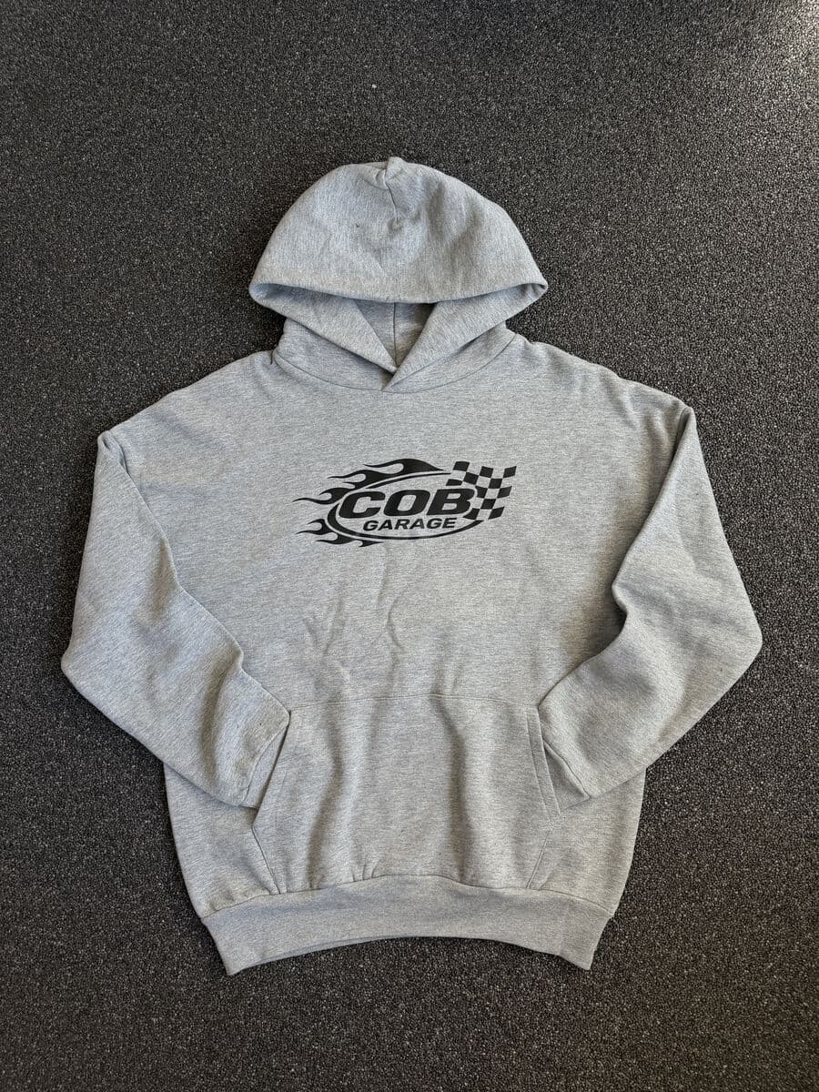 Grauer COB-Garage-Hoodie mit Flammen-Logo